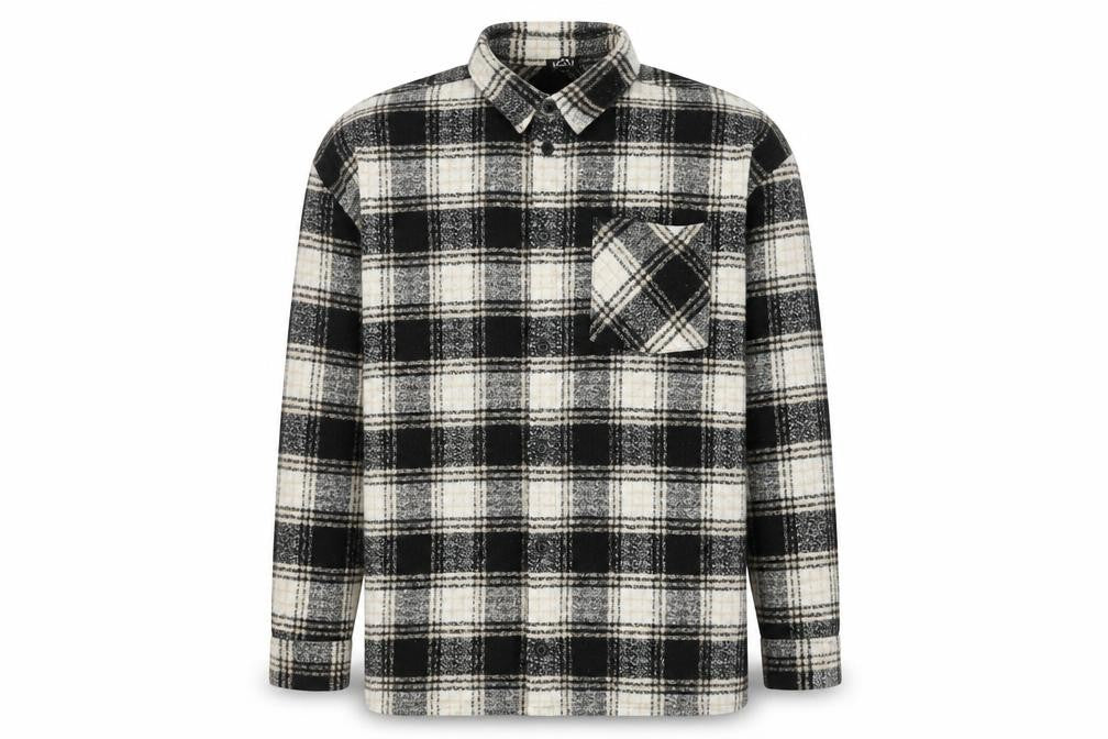 Front view of boohooMAN Men’s Black Grey White Plaid Flannel Button-Up Shirt L