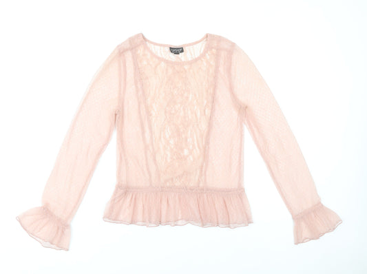 Topshop Womens Pink Lace Ruffle Blouse Size 8 Long Sleeve Party Tunic