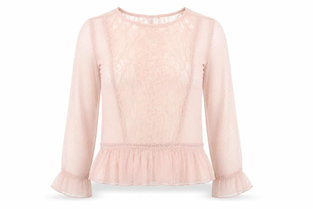 Topshop Womens Pink Lace Ruffle Blouse Size 8 Long Sleeve Party Tunic