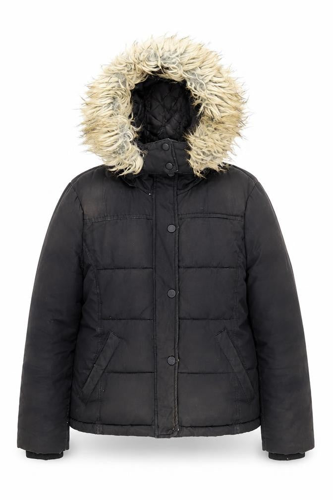 Topshop Women Black Size 12 Puffer Jacket Hooded Faux Fur Trim