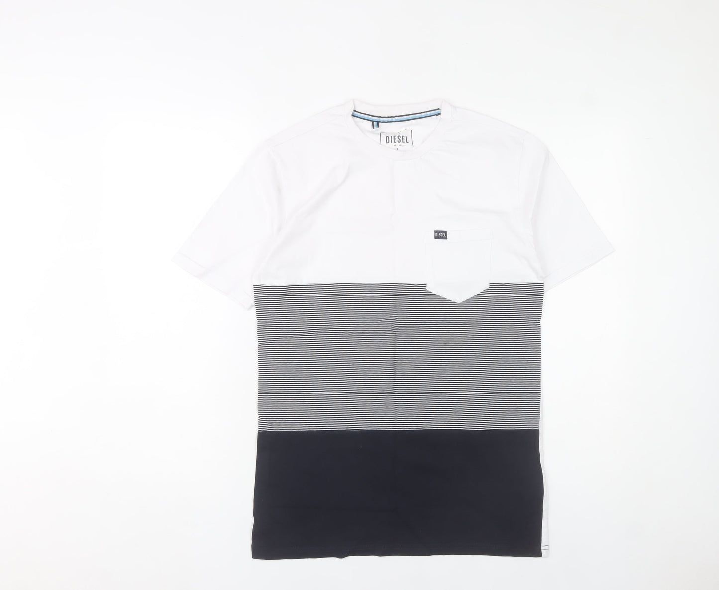 Diesel Men’s White Black Striped Colourblock Cotton T-Shirt S