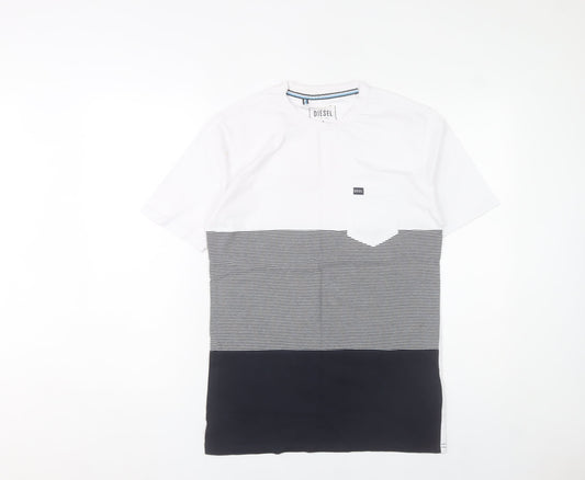 Diesel Men’s White Black Striped Colourblock Cotton T-Shirt S