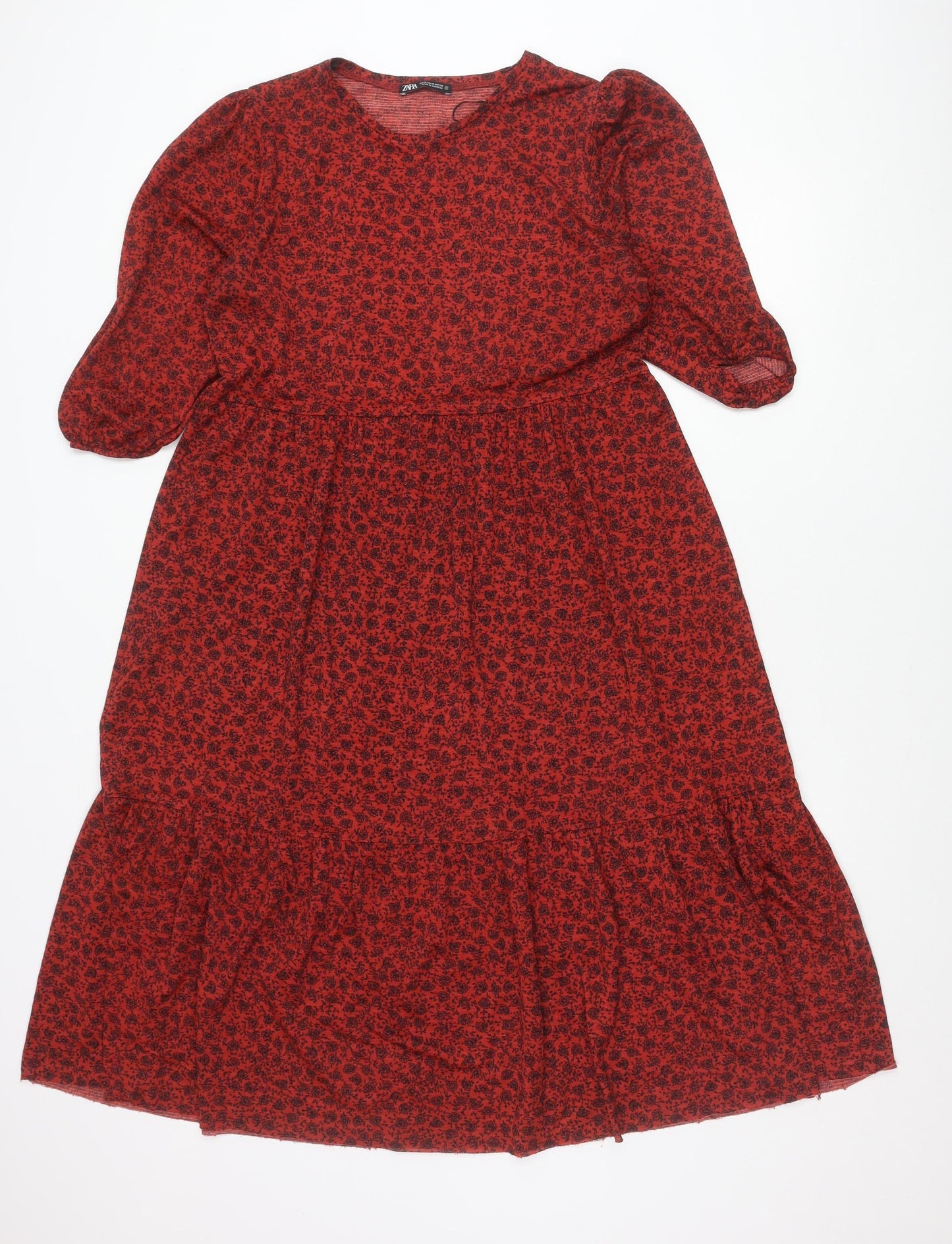 Zara Women Red Floral Puff Sleeve A-Line Knee Dress Size 12