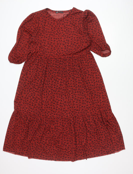 Zara Women Red Floral Puff Sleeve A-Line Knee Dress Size 12