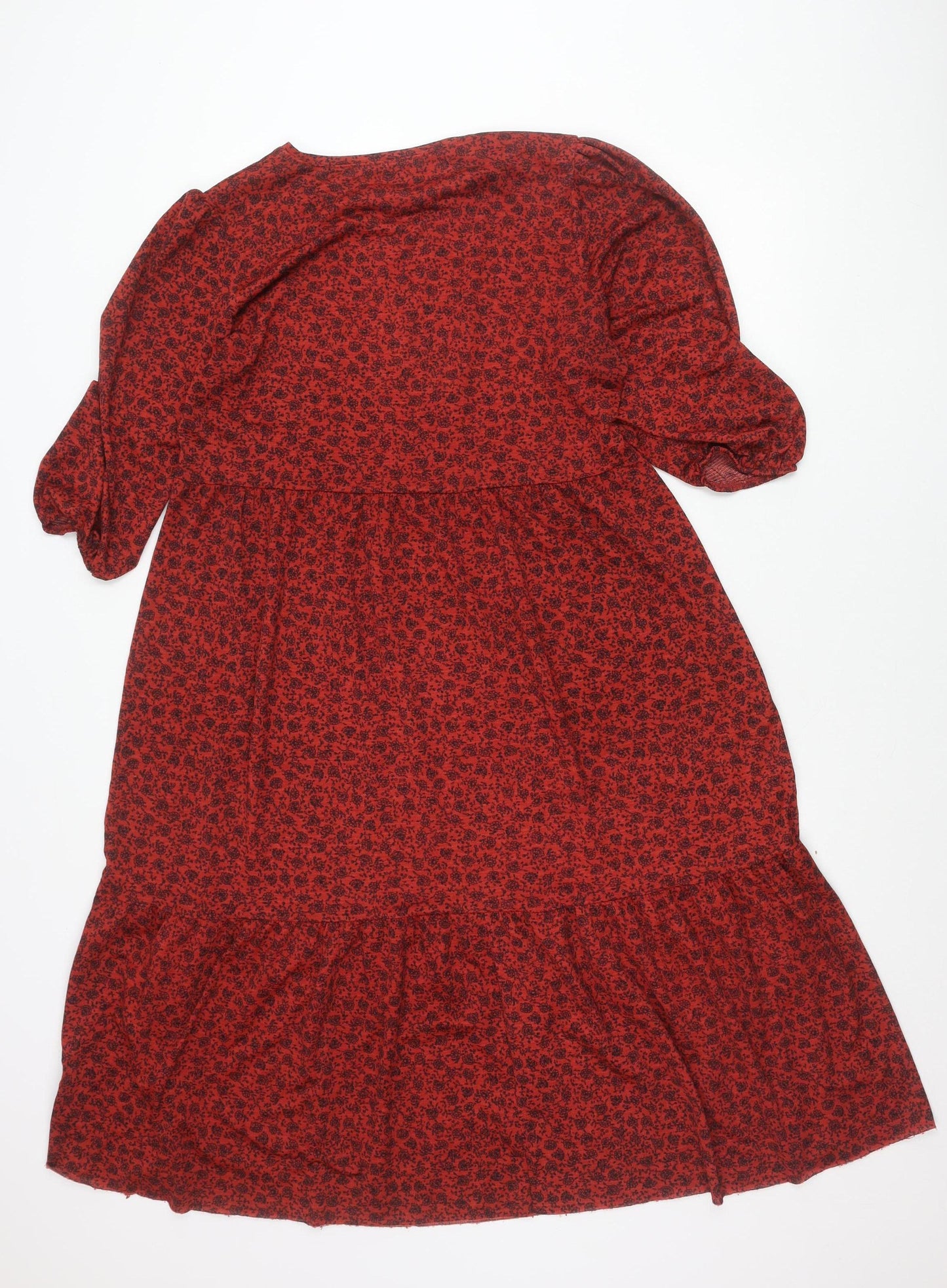 Zara Women Red Floral Puff Sleeve A-Line Knee Dress Size 12