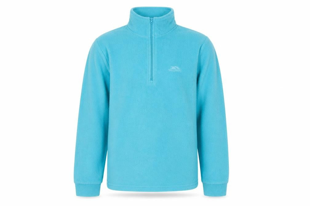 Front view of Trespass boys’ blue fleece 1/2 zip sweatshirt 11-12 years outdoor winter