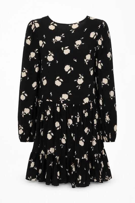 F&F Women’s Black Floral Skater Dress UK 10 Long Sleeve V-Neck