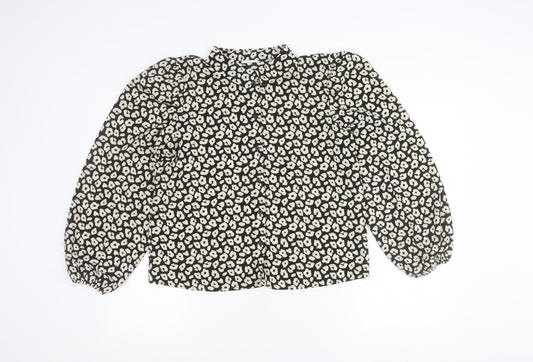 JDY Womens Black Animal Print Blouse Size M Long Sleeve Puff Button Up
