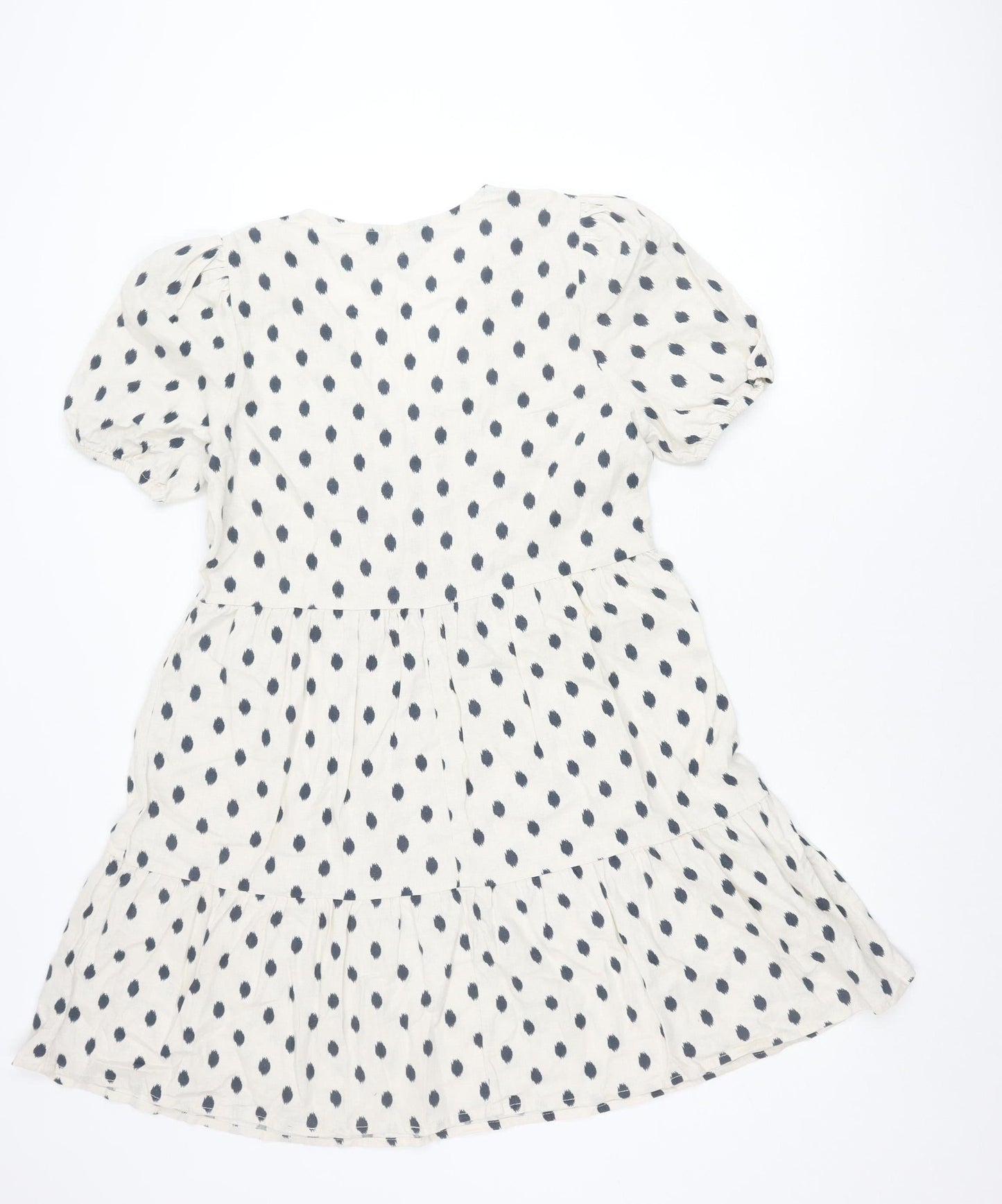 Nutmeg Women White Polka Dot Smock Dress Size 10 Linen Blend