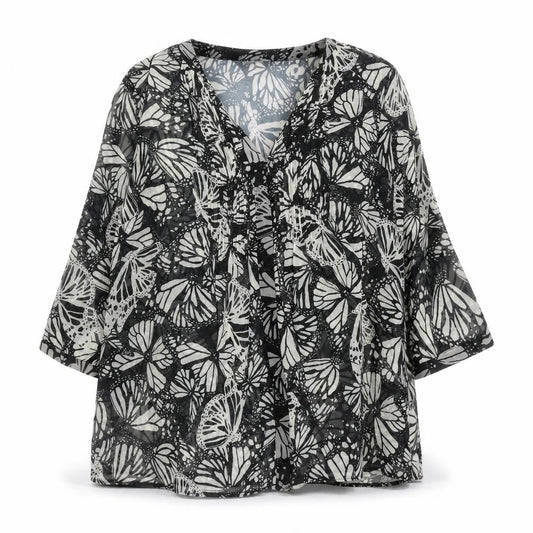 Front view of Kaleidoscope women’s black butterfly print tunic blouse, size UK 12