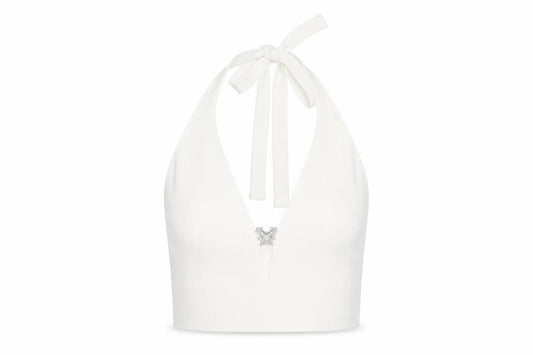 Bershka Womens White Halter Cropped Tank Top M Knit Butterfly Detail