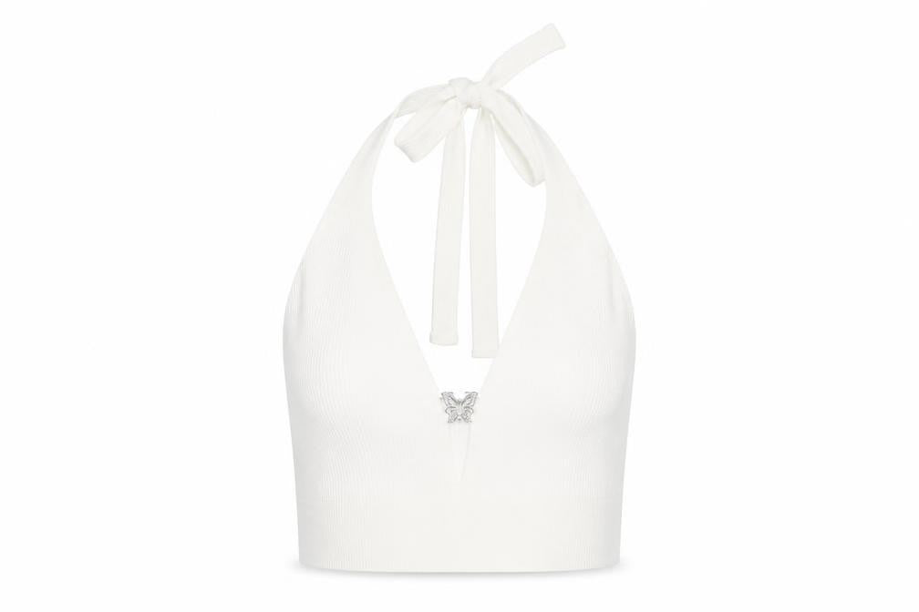 Bershka Womens White Halter Cropped Tank Top M Knit Butterfly Detail