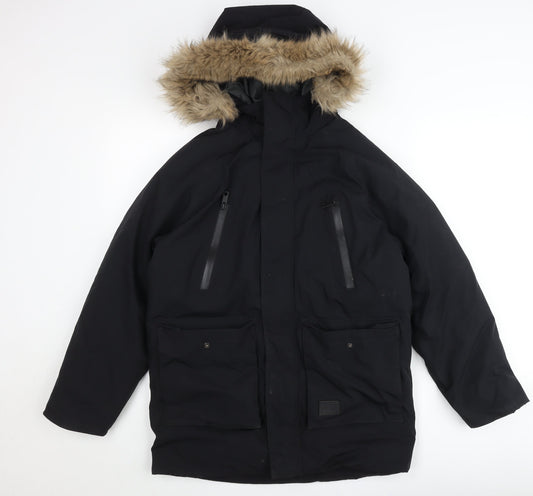 Zara Teens Black Parka Jacket with Hood Fur Trim Size 164