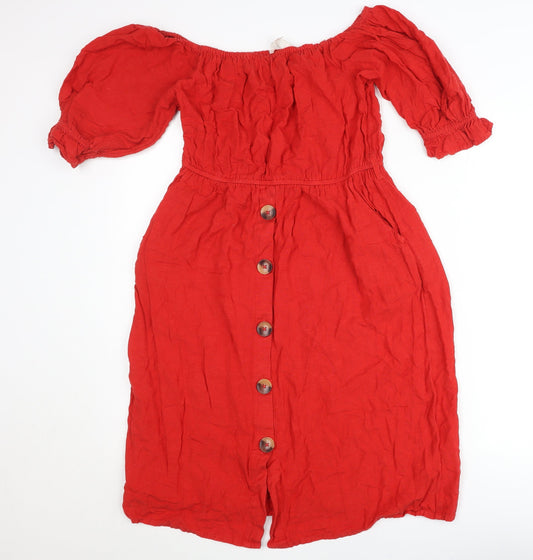 Next Women’s Red Off Shoulder Puff Sleeve Button Dress Size 12