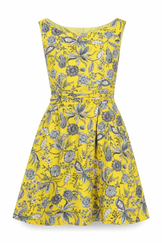 Tenki Women’s Yellow Floral A-Line Belted Sleeveless Dress Size 8