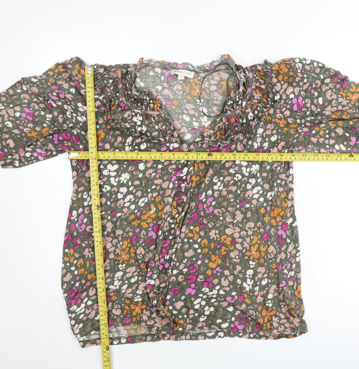 Monsoon Womens Multicoloured Floral Tunic Blouse Size M 3/4 Sleeve Cotton Blend