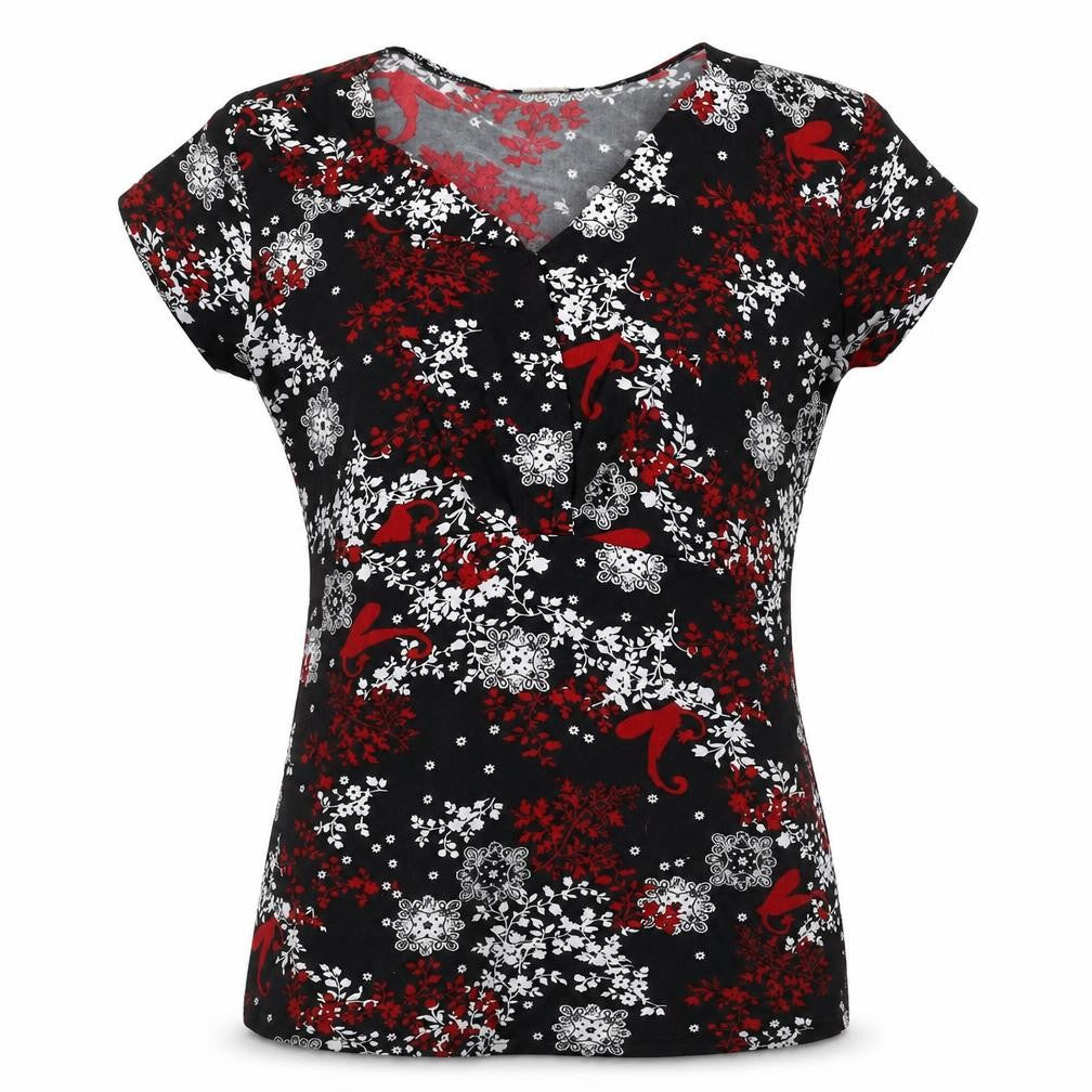 Perseption Concept Women's Black Red Floral V-Neck Tunic Blouse L