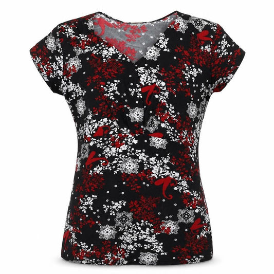 Perseption Concept Women's Black Red Floral V-Neck Tunic Blouse L