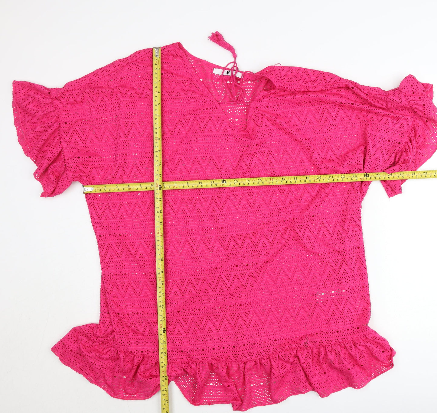 Very Womens Pink Crochet Cotton Tunic Blouse Size 14 V-Neck Flutter Sleeve