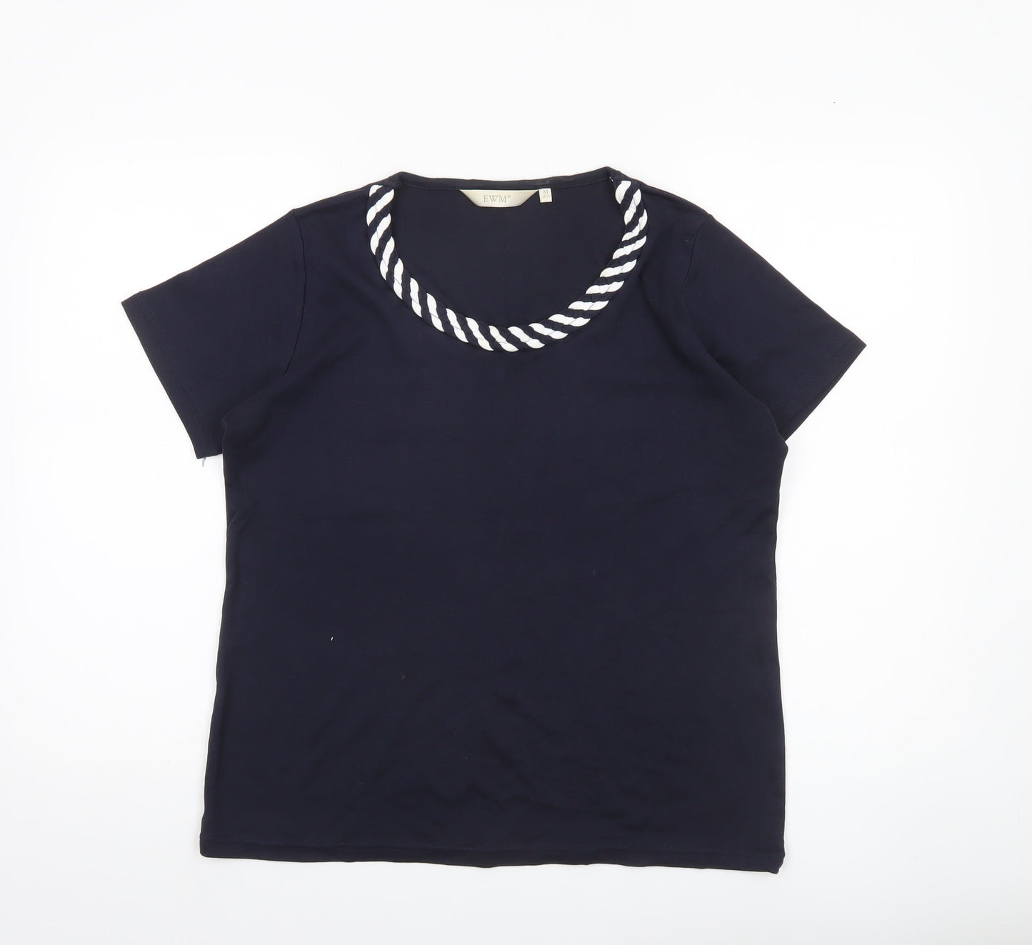 EWM Womens Blue Cotton Nautical Rope Neck T-Shirt Size 14 Short Sleeve
