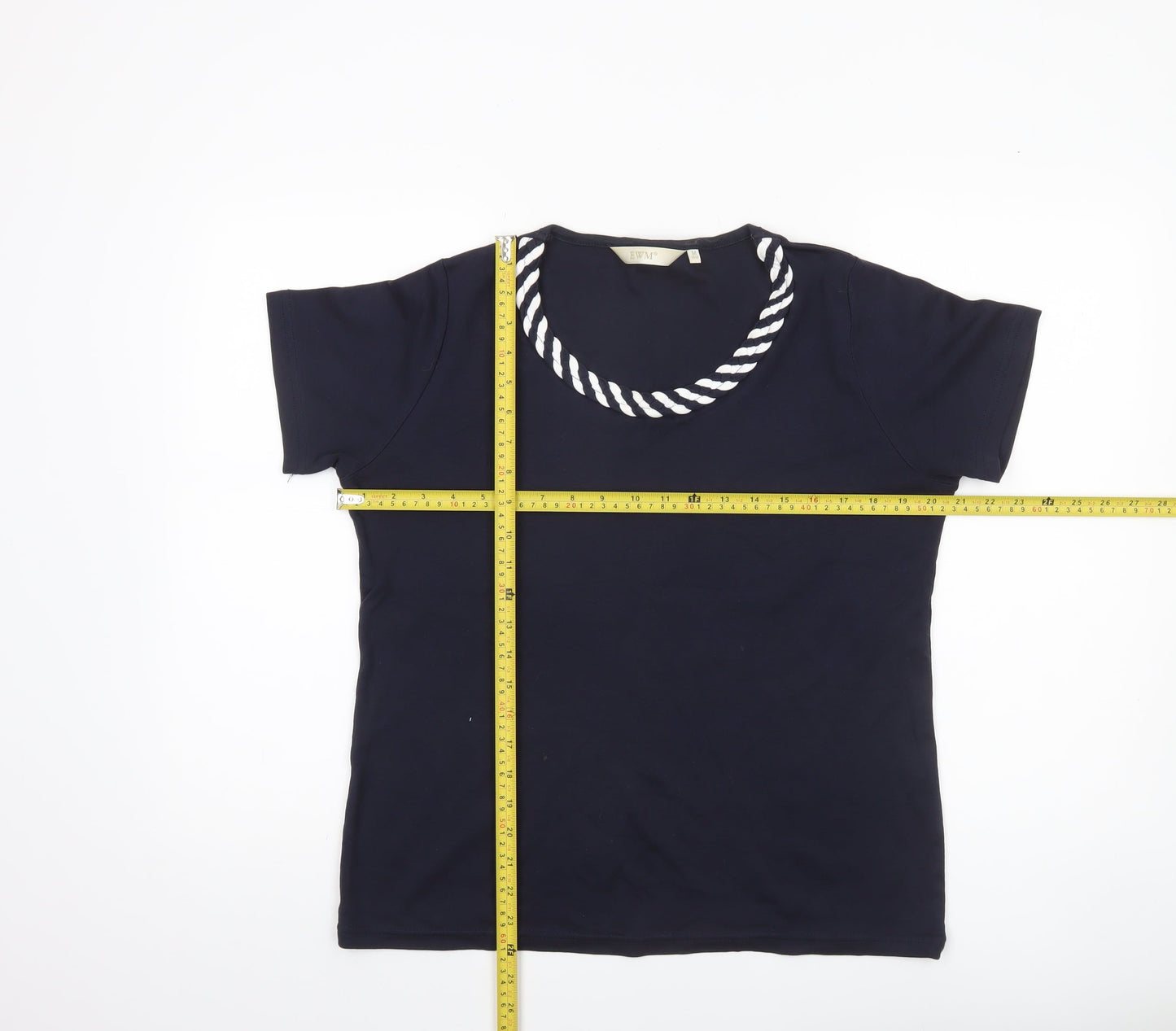 EWM Womens Blue Cotton Nautical Rope Neck T-Shirt Size 14 Short Sleeve