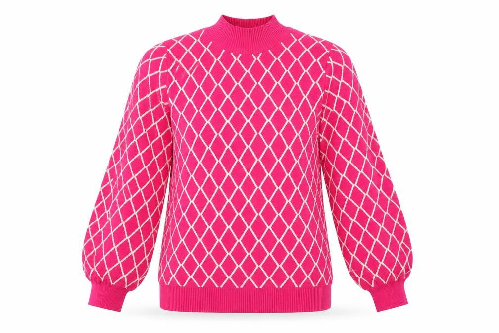 Savida Women’s Pink Mock Neck Pullover Jumper Size 10 Argyle Knit