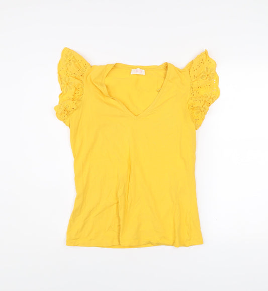 Savida Womens Yellow Embroidered Flutter Sleeve V-Neck T-Shirt Size 12