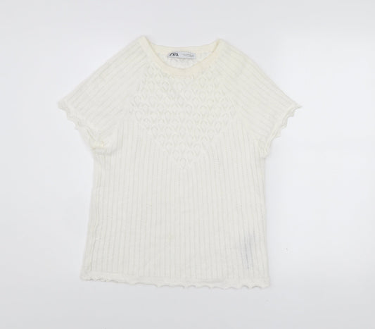Zara Women’s Ivory Knit T-Shirt XL Crew Neck Short Sleeve Lightweight