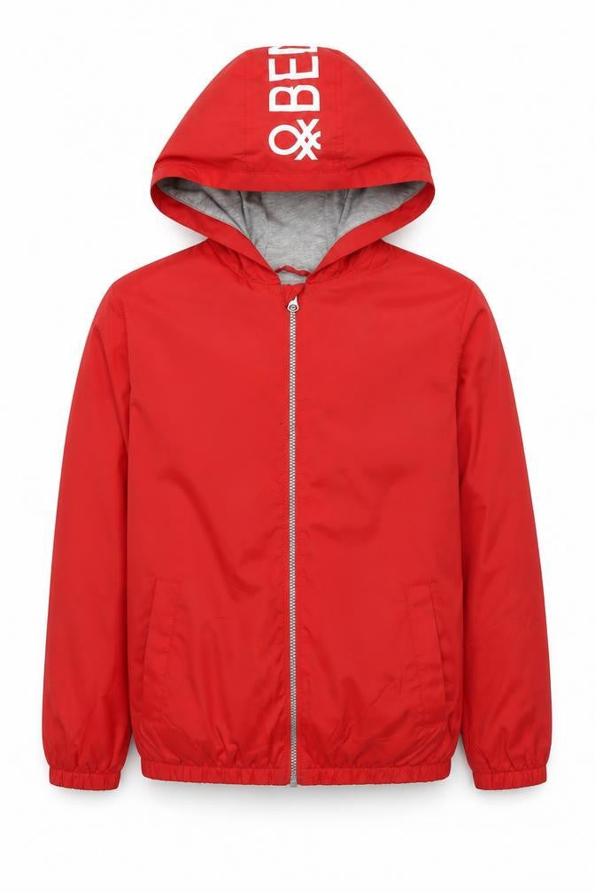 Benetton Boys Red Windbreaker Jacket 13-14 Years Hooded Full Zip