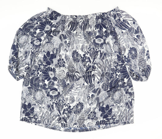 H&M Womens Blue Floral Off Shoulder Blouse Size 12 Puff Sleeve