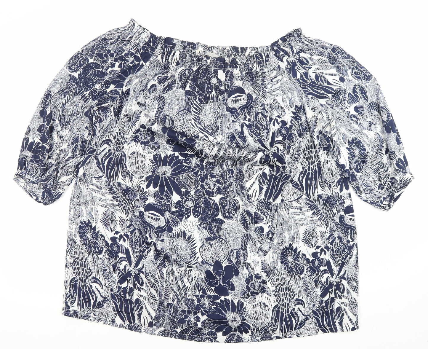H&M Womens Blue Floral Off Shoulder Blouse Size 12 Puff Sleeve