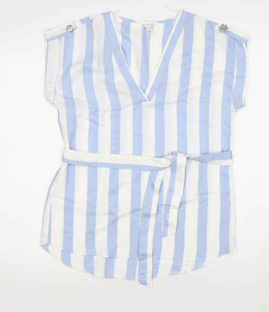 River Island Women’s Blue White Striped Belted Tunic Blouse Size 8