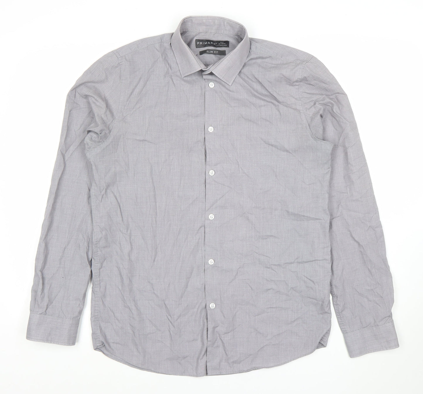 Primark Men's Grey Slim Fit Long Sleeve Button-Up Shirt Size 15.5