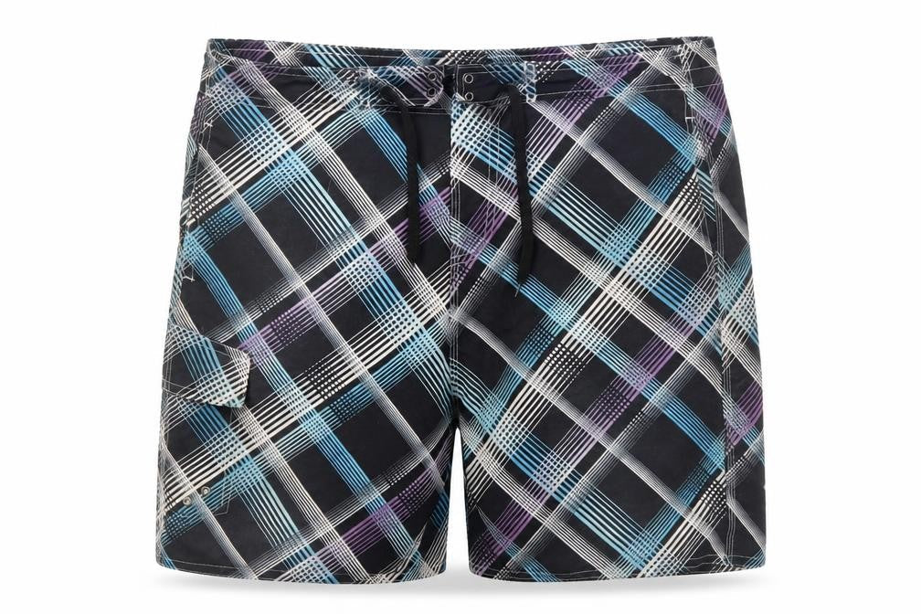 Front view of Dunnes Men’s Black Check XL Board Shorts Swimwear Quick Dry