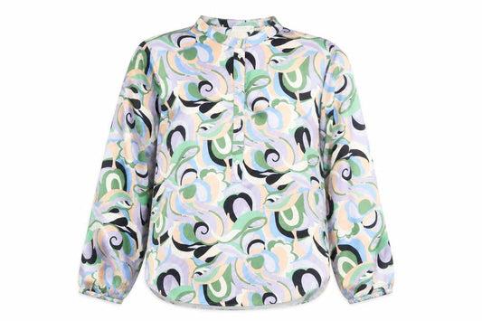 Front view of Gallery Women’s Multicoloured Blouse, size UK 14, Retro Geometric Long Sleeve