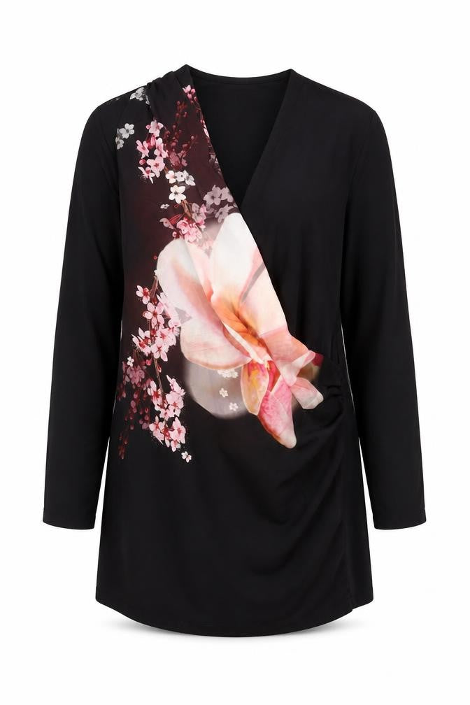 Wallis Womens Black Floral V-Neck Long Sleeve Tunic Blouse UK 12
