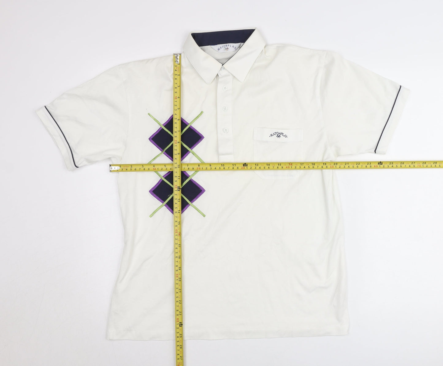 Matchplay Mens White Argyle Golf Polo Shirt Size L Cotton
