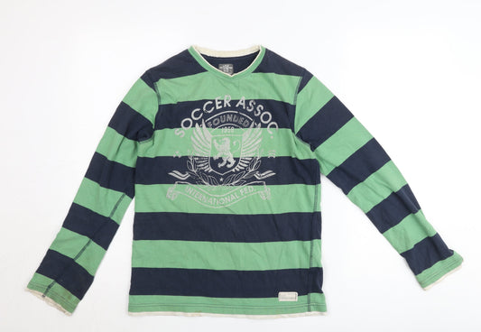 H&M L.O.G.G Teens Green Blue Striped Long Sleeve V-Neck T-Shirt XS