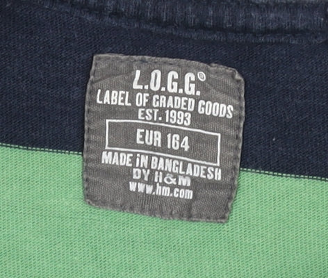H&M L.O.G.G Teens Green Blue Striped Long Sleeve V-Neck T-Shirt XS