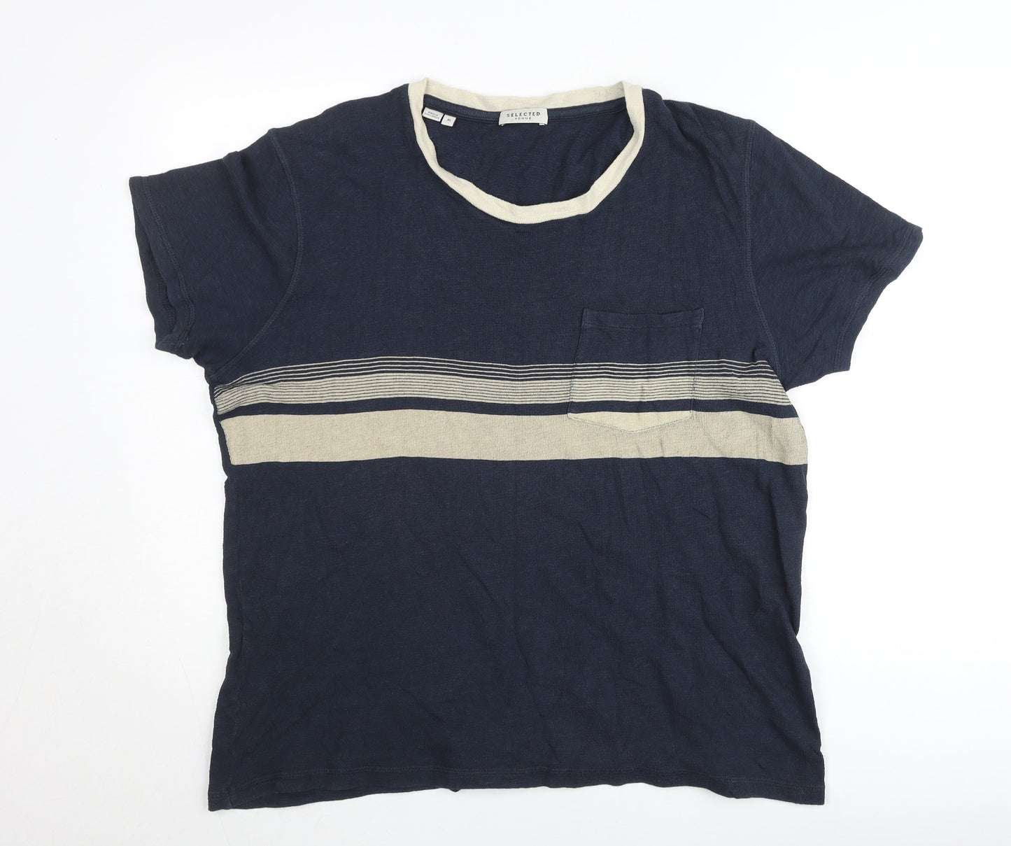 Selected Homme Men's Blue XL Striped Crew Neck Cotton T-Shirt