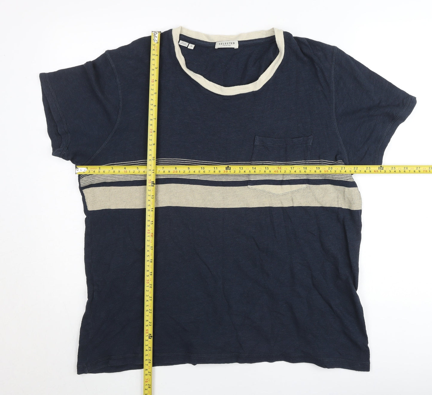 Selected Homme Men's Blue XL Striped Crew Neck Cotton T-Shirt