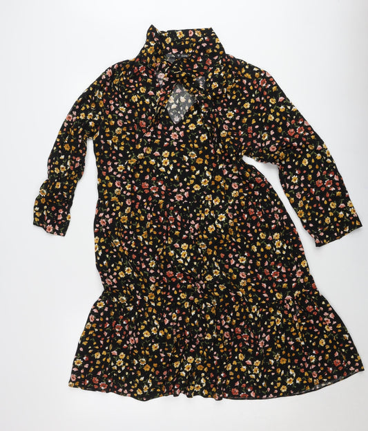 Dunnes Women’s Black Floral Shirt Dress Size 8 Viscose Long Sleeve