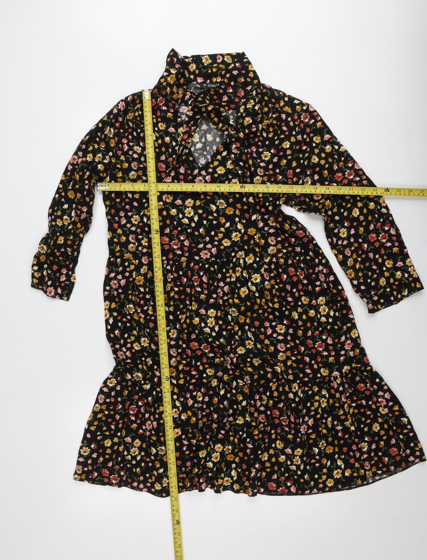 Dunnes Women’s Black Floral Shirt Dress Size 8 Viscose Long Sleeve