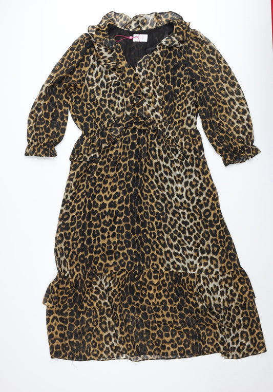 Savida Women’s Brown Leopard Print Ruffle Wrap Dress Size 16