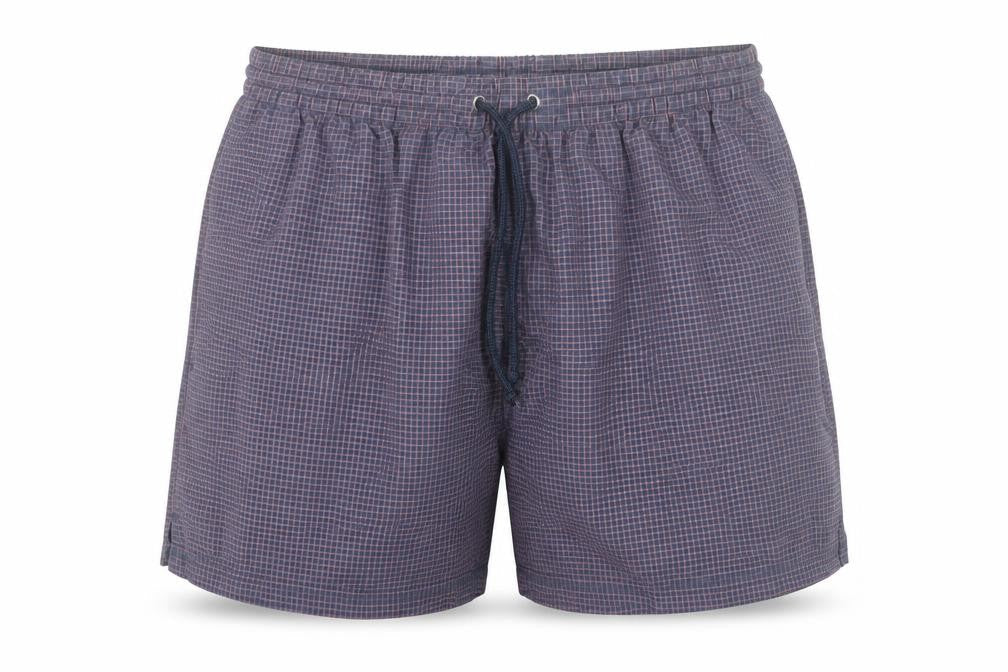 Front view of St Bernard Men's Blue Medium Checked Swim Shorts with Lining