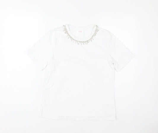 Savida Womens White Beaded Neck T-Shirt Size 12 Short Sleeve