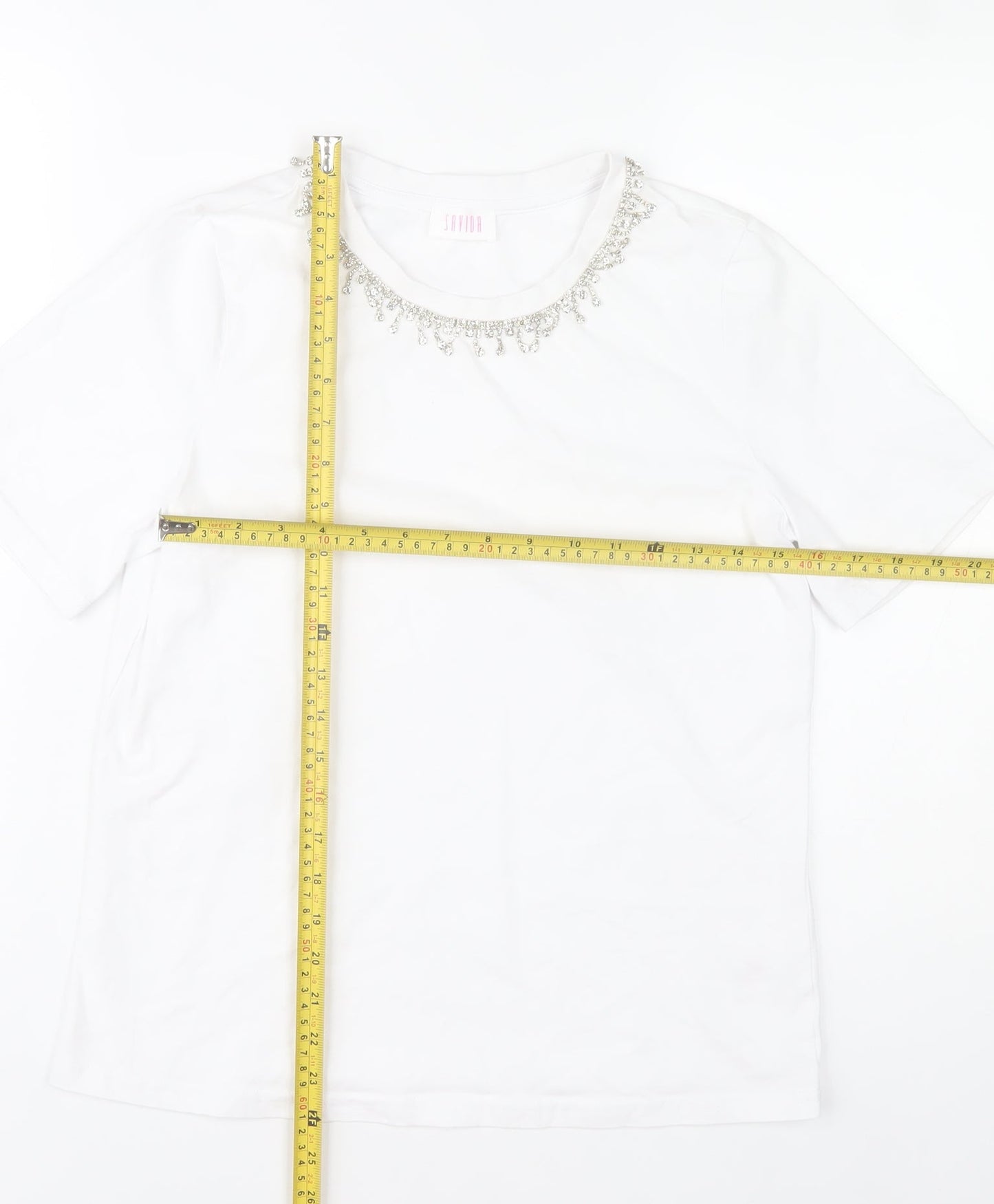 Savida Womens White Beaded Neck T-Shirt Size 12 Short Sleeve