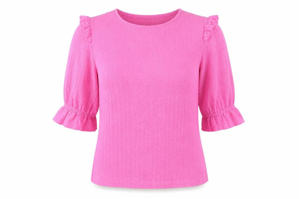 Savida Womens Pink Ruffle Blouse 2XS Round Neck 3/4 Sleeve