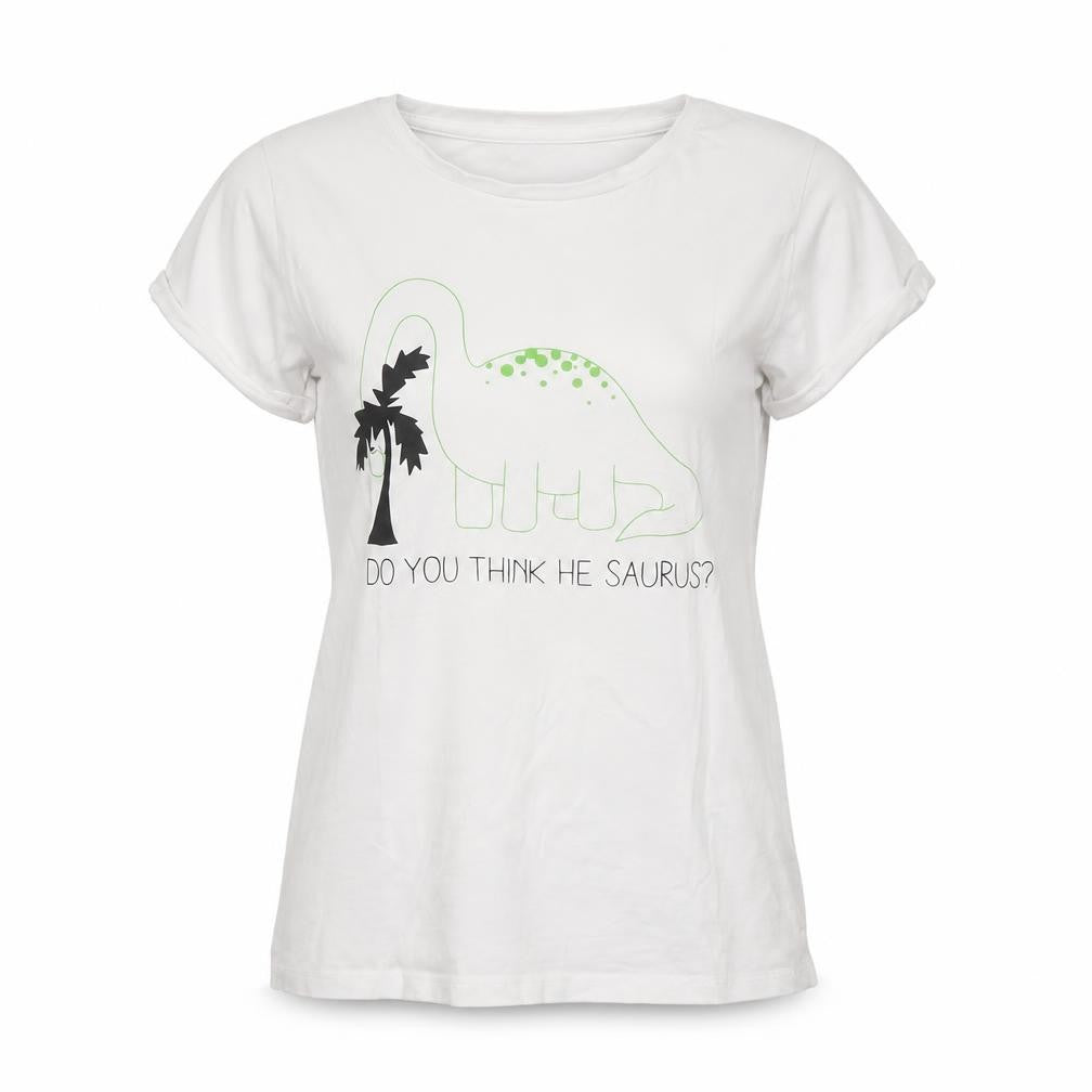 Golddigga Womens White Dinosaur Print T-Shirt Size 10