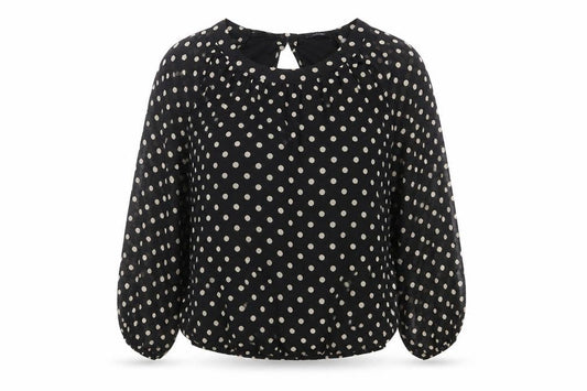 Front view of Dunnes Women’s Black Polka Dot Long Sleeve Blouse, size UK 12